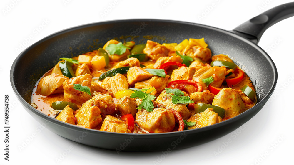 pan with tasty chicken curry on white background, top view
