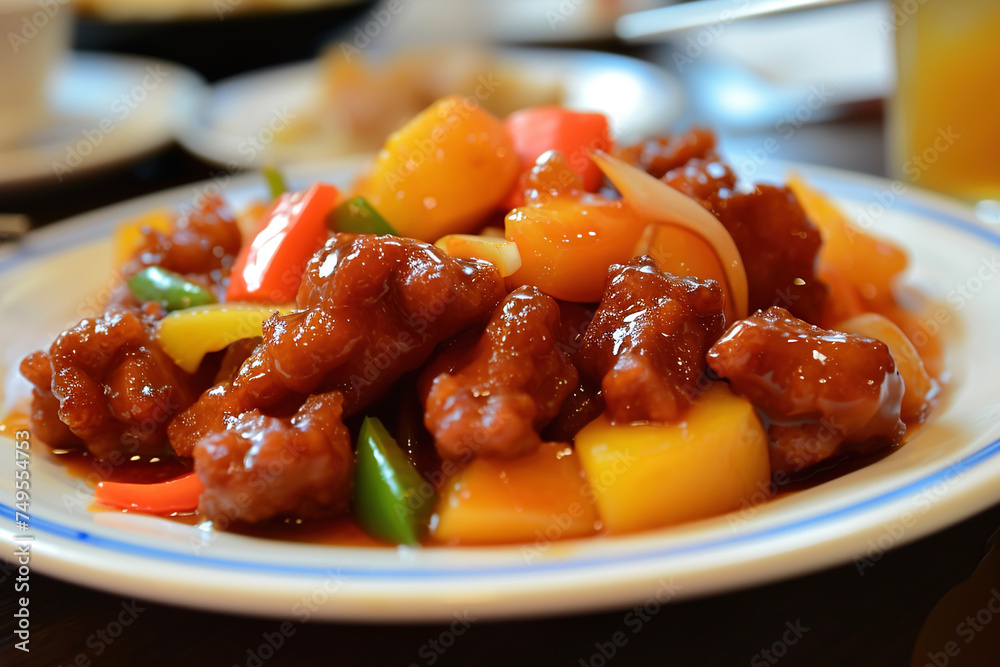 A plate of sweet and sour pork, a dish with a bright orange-red color, and a delicious sweet and sour taste. A plate of sweet and sour pork, a dish with a bright orange-red color, and a delicious sweet and sour taste.