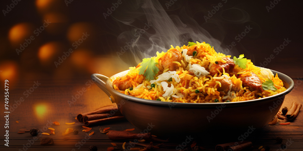 Biryani is a mixed rice dish Biryani big plate and dish thali spicy food dark background Biryani is a mixed rice dish Biryani big plate and dish thali spicy food dark background