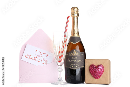 Bottle of champagne with glass, gift box and festive postcard on white background. Valentine's Day celebration