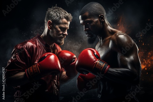 Two professional boxers facing off in the ring, each determined to claim victory in front of a packed stadium