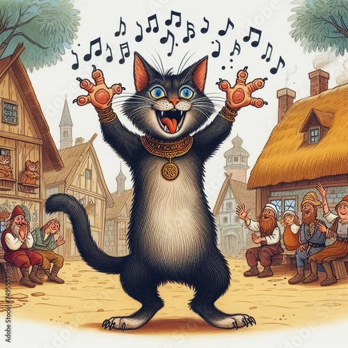 Chat, au pelage noir, heureux qui sourit au temps du moyen-âge, chante et danse photo