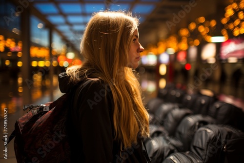 A female tourist checks flight information at the airport information deskSide view from a distance. photo