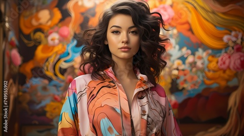 A fashionable Japanese model posing against a backdrop of colorful murals, wearing a vibrant outfit inspired by traditional Japanese textiles and modern street fashion, with the image captured in hig