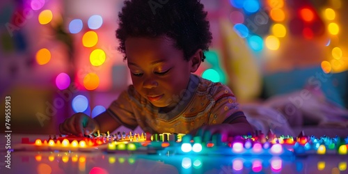 Child engaging with multisensory tools in therapy room filled with calming lights. Concept Child Therapy, Multisensory Tools, Calming Lights, Sensory Stimulation, Therapy Room photo