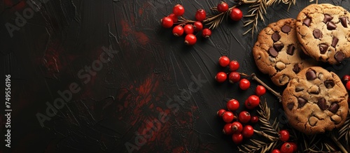 A collection of American cookies adorned with red berries from a rowan branch resting on a dark black background. The cookies are arranged in a visually appealing manner that highlights the contrast