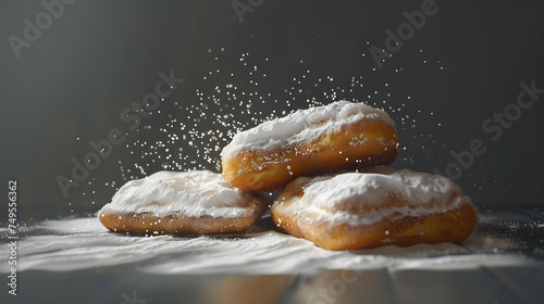 Powdered sugar sprinkling on fresh donuts