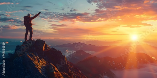 Achieving new heights triumphantly standing atop a mountain peak at sunrise. Concept Mountain Climbing, Sunrise Views, Triumph, Achievement, New Heights