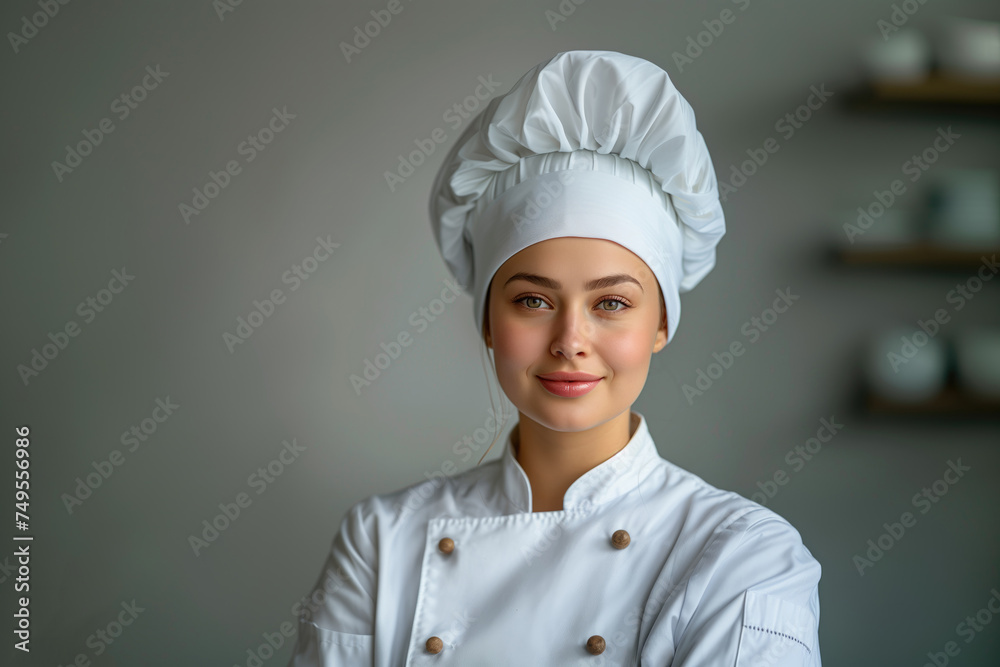 portrait of a beautiful female chef in a white uniform on a gray background portrait of a beautiful female chef in a white uniform on a gray background