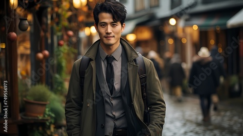 A dynamic shot of a Japanese male model walking along a picturesque cobblestone street, taken from a handheld HD camera, capturing his effortless charm and fashion-forward look