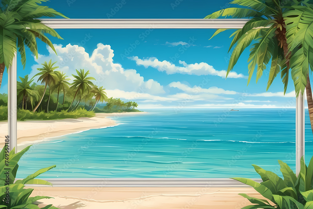  a sandy tropical beach with crystal-clear turquoise waters gently lapping against the shore, framed by lush palm trees, with a distant island silhouetted against the horizon, generative ai - obrazy, fototapety, plakaty 