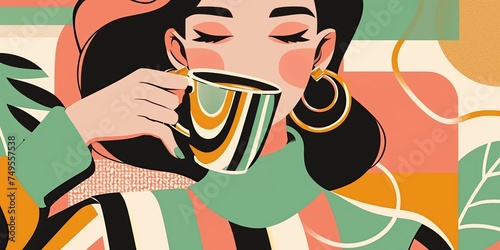 girl drinking coffee illustration, business woman having breakfast before going to work, designer relaxing with a cup of coffee