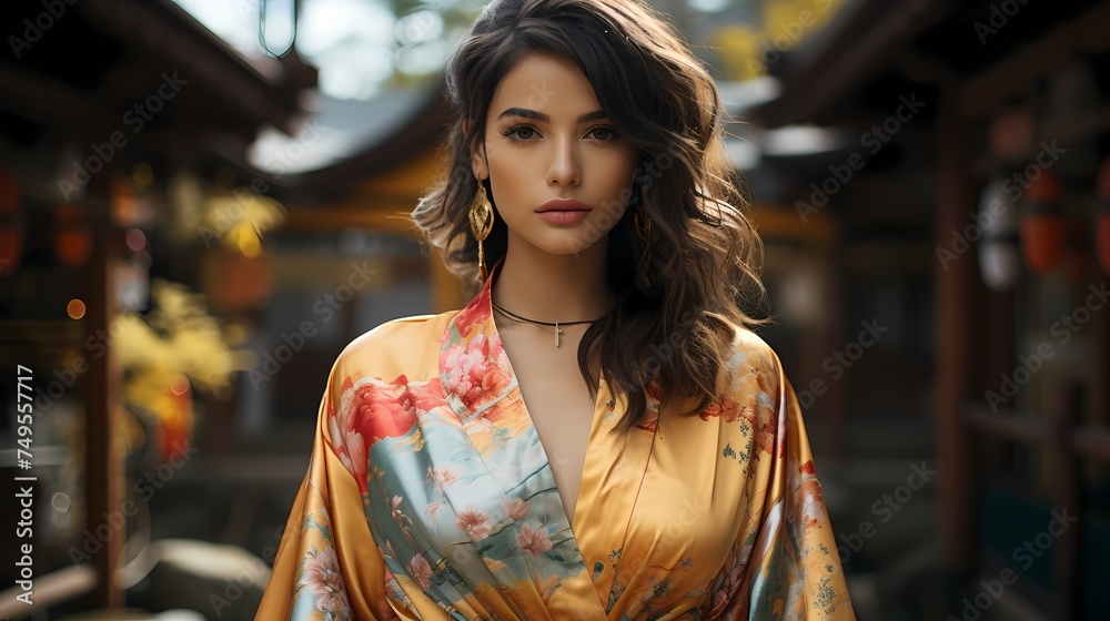 A fashionable Japanese model posing near a serene Japanese garden, wearing a vibrant ensemble with a mix of bright colors, captured by an HD camera