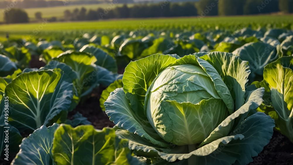 fresh cabbage growing in a harvest field farming - obrazy, fototapety, plakaty 