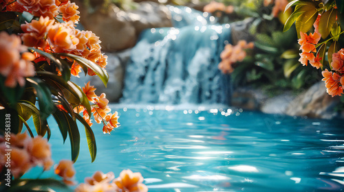 Serenity in Nature: Waterfall in a Tropical Garden, Creating a Tranquil and Relaxing Scene