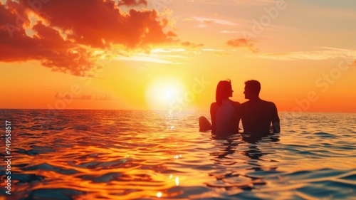 Couple silhouette against vibrant sky - Silhouette of a couple embracing in the water as the sunset casts a golden hue across the sky © Tida