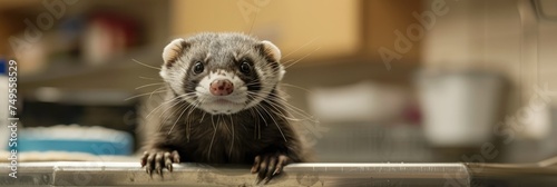 Curious ferret peeking out of hiding - A playful and curious ferret peeks out from its hiding spot with a whimsical expression photo