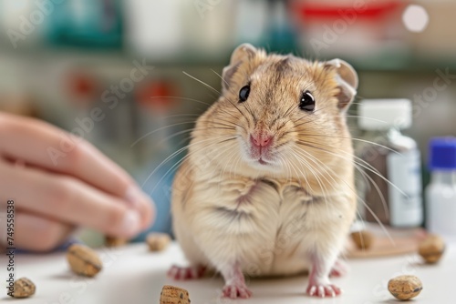 Curious gerbil exploring with human interaction - An inquisitive gerbil on a table, human hand reaching out signifies human-animal bond and care