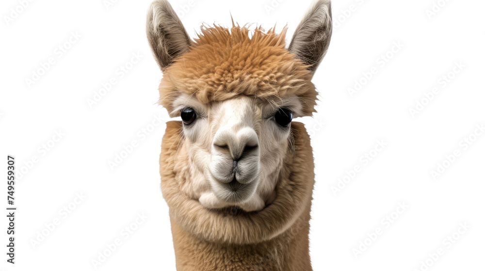 Close-up of a charming alpaca with a warm, fluffy fleece and gentle brown eye.png