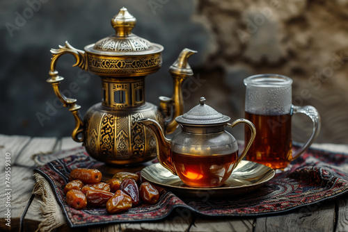 Traditional arabic tea set and dried dates 