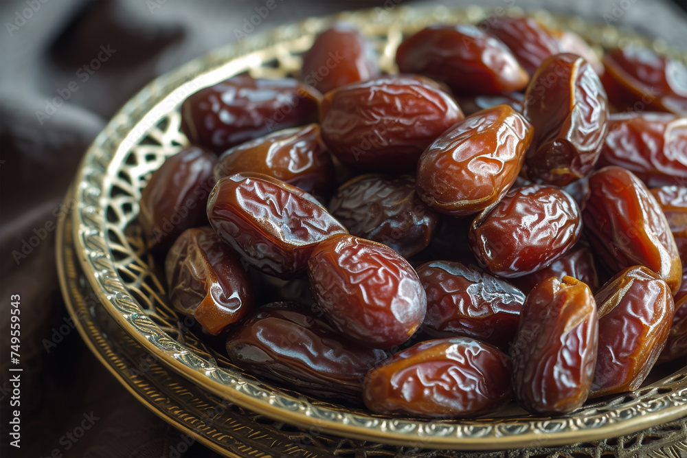 Organic dried dates on a bronze plate Organic dried dates on a bronze plate
