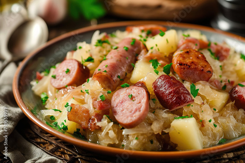 A plate of choucroute garnie, a traditional Alsatian dish of sauerkraut cooked with sausages, salt pork, and potatoes photo