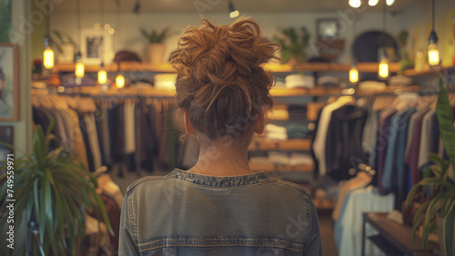A young woman shopping for clothes at a boutique.