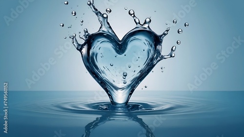 heart shaped water drop on water, light blue background, pure love or water concept.