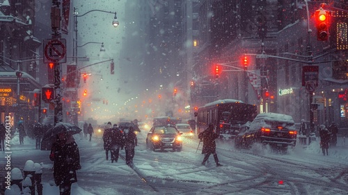 A busy city street in the midst of a snow squall, with pedestrians and vehicles navigating through the challenging conditions..