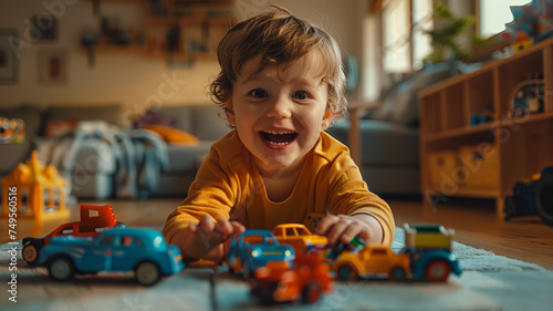 Little boy playing with colorful toy car.
