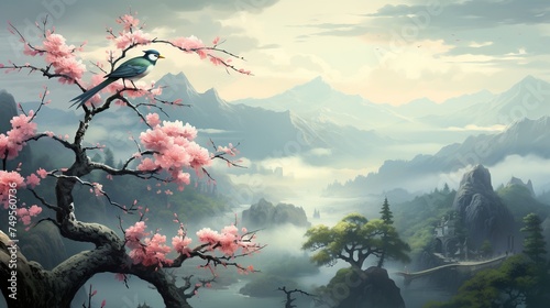 illustration of a foggy morning view in a mountain valley with various kinds of beautiful trees and beautiful birds
