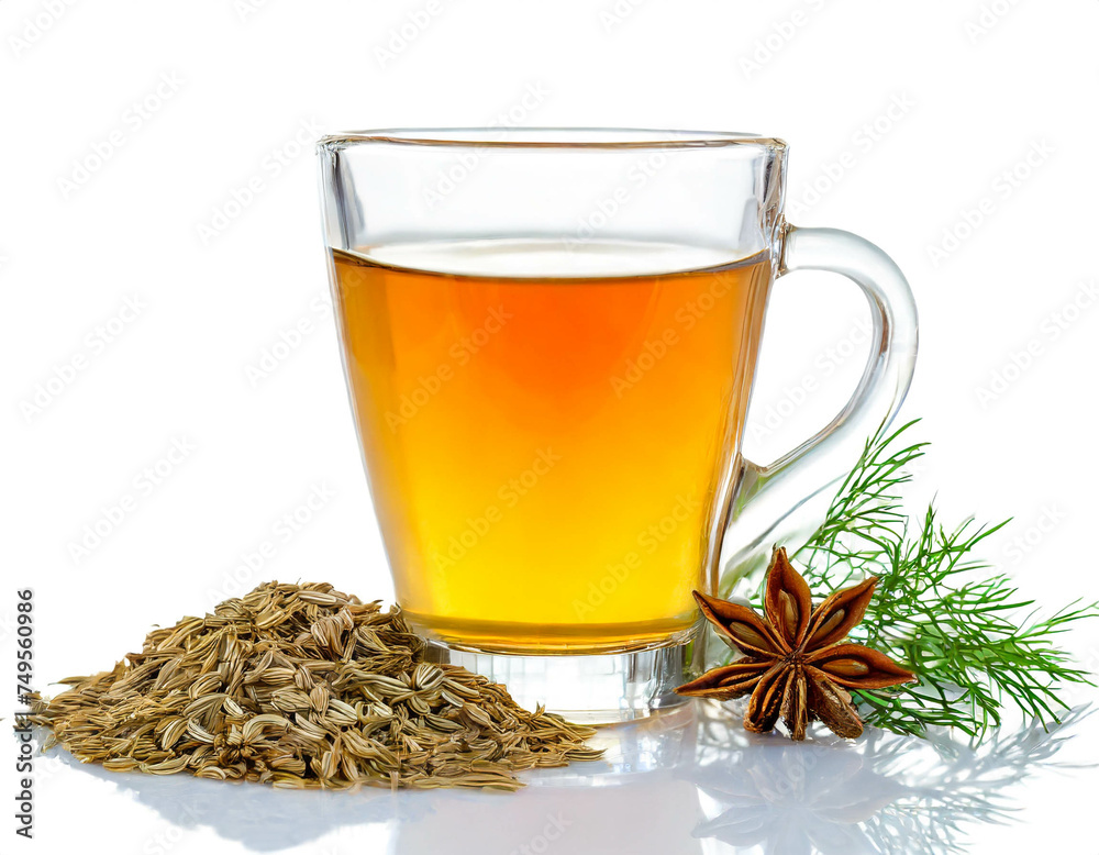 Anis Kümmel Fenchel Tee im glas isoliert auf weißen Hintergrund, Freisteller Anis Kümmel Fenchel Tee im glas isoliert auf weißen Hintergrund, Freisteller
