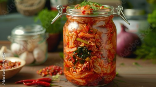 Homemade kimchi in a glass jar on kitchen table - Artisanal kimchi in a glass jar amongst fresh ingredients on a rustic kitchen tabletop scene