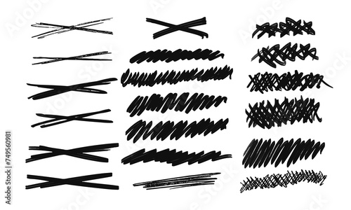 Strikethroughs and scribbles. Version No. 3. Collection of nineteen freely drawn squiggles and doodles. Vector set of handwritten symbols and signs