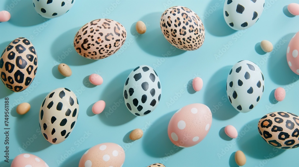 Seamless Easter eggs pattern. Animal print on Easter egg in pastel colors with an accent of black. Minimal Easter concept.

