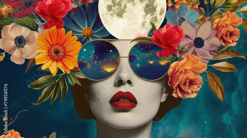 Illustration of a woman portrait with fashion flowers on the head and sunglasses. Creative retro but contemporary pop art collage. Vivid colors. A vintage background.	 photo