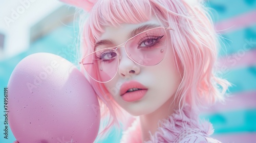 Modern girl wearing fashion sunglasses and bunny ears. Holding a big Easter egg and announcing the arrival of Easter. Easter concept in pastel colors.