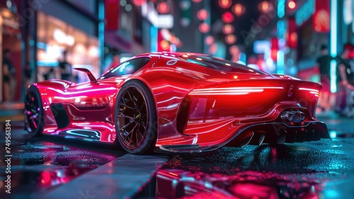 Red hypercar in a neon-lit wet city street - An impressive red hypercar showcased on a wet city street with vibrant neon signs reflecting on its surface