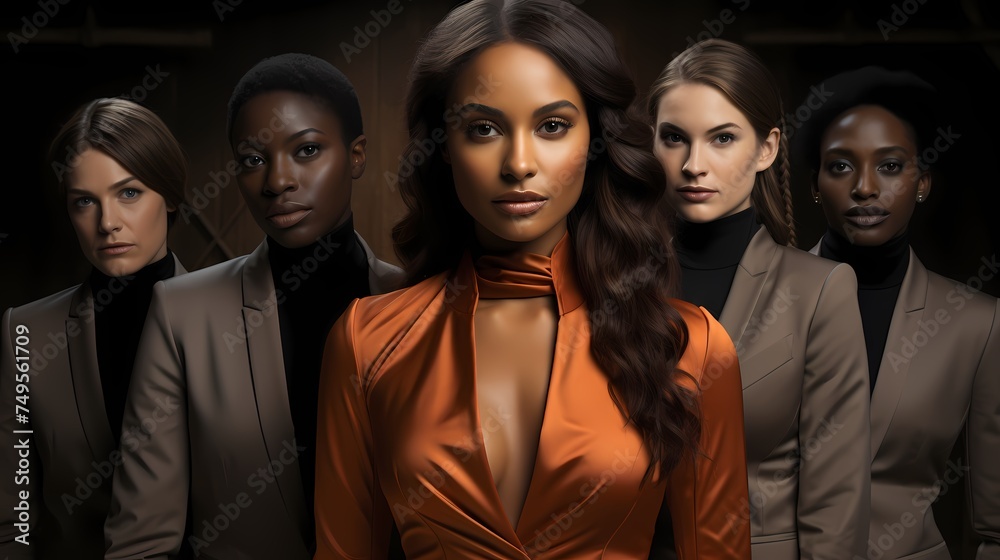 A group of elegant models stands in front of a solid steel gray background, their sleek outfits and captivating expressions creating an image of modern sophistication