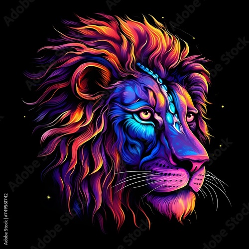 Vibrant neon-colored lion with a majestic mane against black background