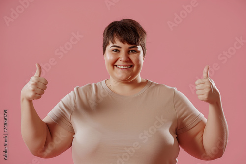 Happy overweight woman showing thumbs up gesture and smiling at camera isolated on pink background closeup © missty