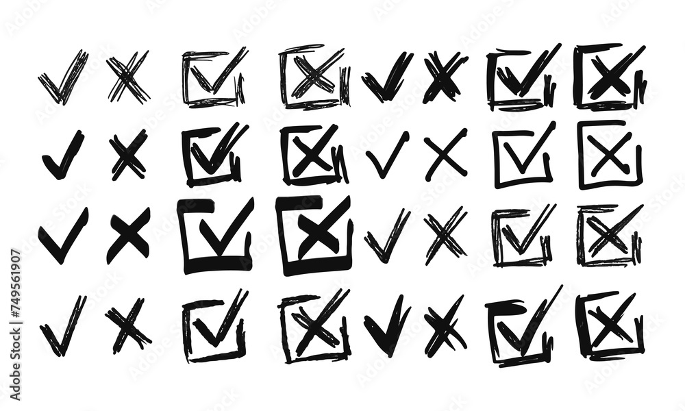 Checkmarks and crosses. Collection of thirty-two randomly drawn squiggles and doodles. Vector set of handwritten symbols and signs Checkmarks and crosses. Collection of thirty-two randomly drawn squiggles and doodles. Vector set of handwritten symbols and signs