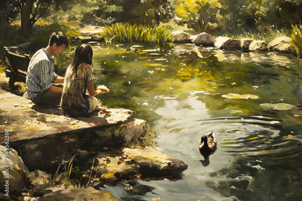 A couple feeding ducks in a pond with bread and a bench A couple feeding ducks in a pond with bread and a bench