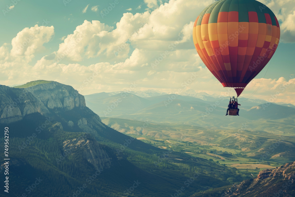 A man proposing to a woman in a hot air balloon, with a beautiful view of the mountains in the background