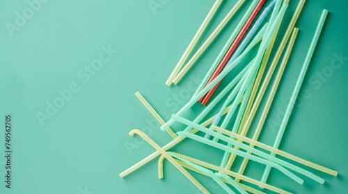 Paper straw among with pile plastic straws on green background