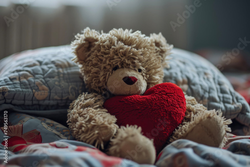 A toy bear with a hug and a heart