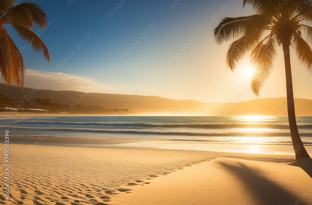 Paradise nature landscape. Sand beach, palm trees, evening sunset sky background