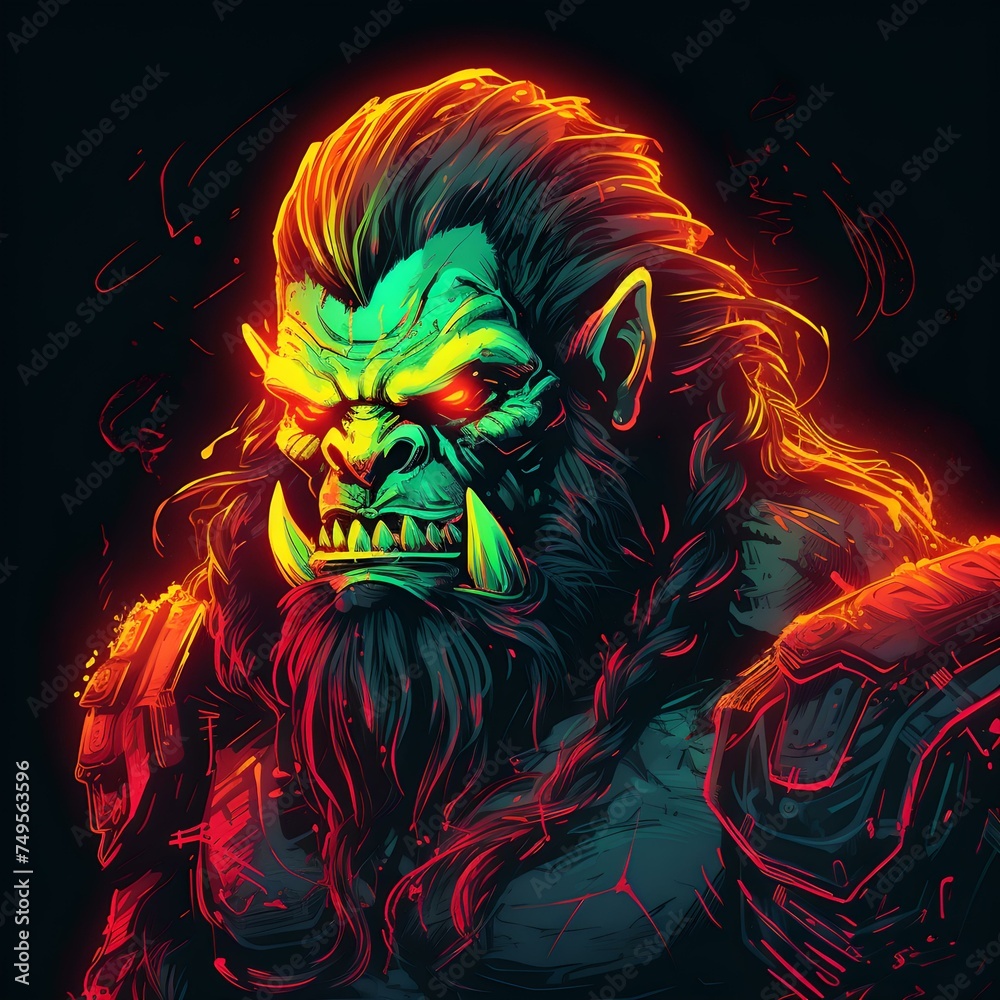 Fierce cybernetic orc warrior with glowing red eyes in neon lights