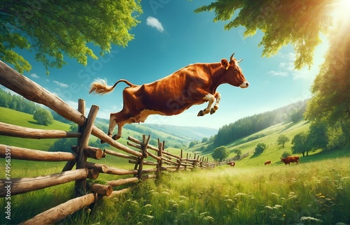 A cow jumping over a fence photo