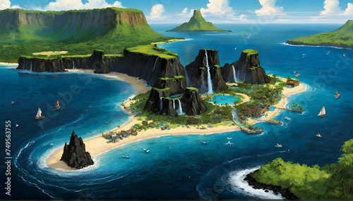 a fantasy map of a string of islands inspired by Hawaii with a sparkling blue ocean, a jungle with temples, cliffs with waterfalls and a volcano at the center surrounded by black sand and volcanic sto photo